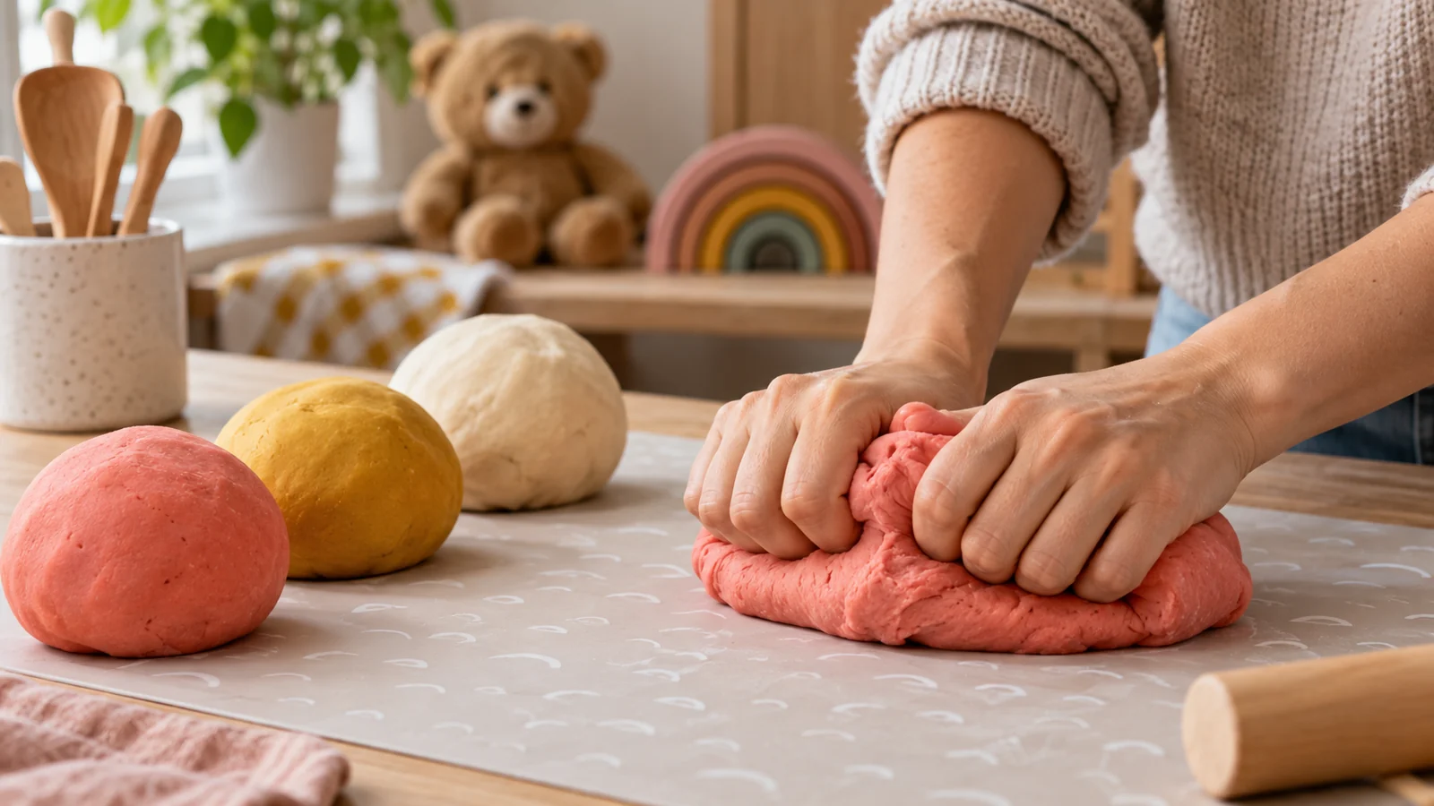 Dłonie dorosłego ugniatające jasną masę plastyczną na drewnianym stole