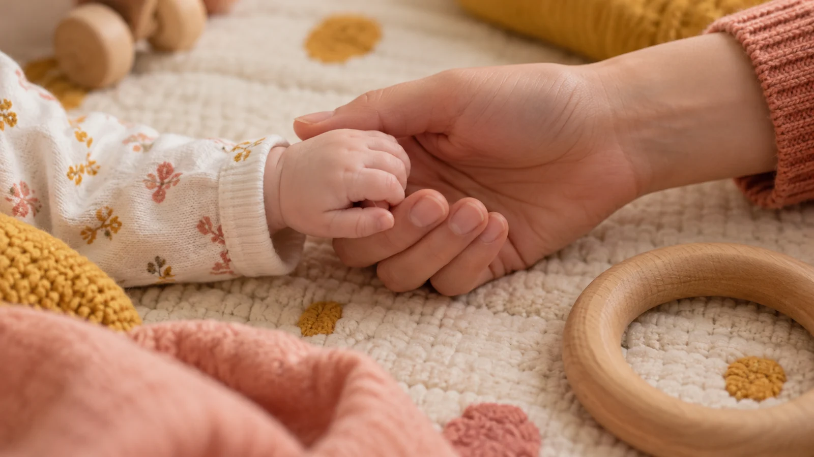 Niemowlęca dłoń trzymana delikatnie przez rodzica na miękkiej macie