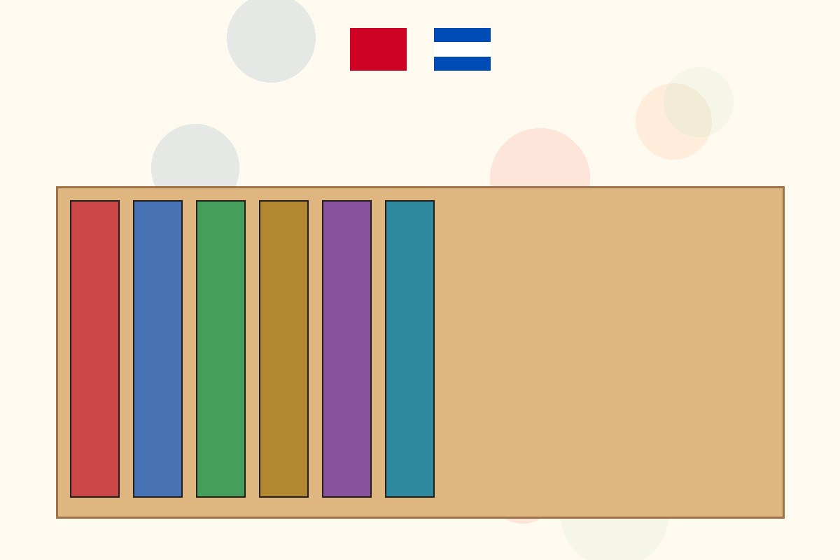 Ilustracja kącika książek i dwóch flag: symbol immersji językowej w żłobku, bez ludzi